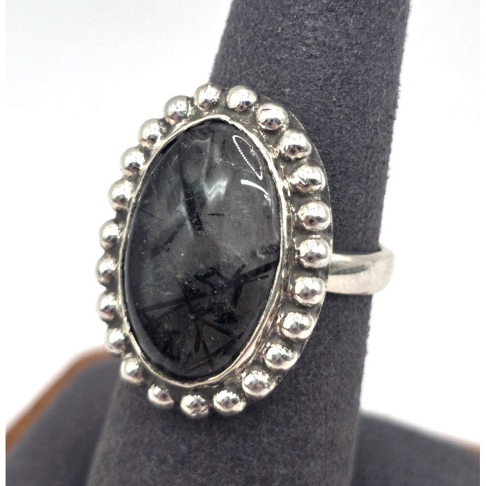 Black Rutileโ Tourmalinated Quartz Gemstone Ring Size 7.5 Sterling Silver 925